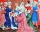 Italy / China: Marco Polo (c.1254—1324), his uncle, and his father presenting the pope’s letter at the court of Kublai Khan. Detail from a 15th century illuminated manuscript